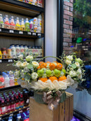 Giỏ Quà Trái Cây Táo Xanh, Cam Vàng Nhập Khẩu & Hoa Tươi Đi Ra Mắt