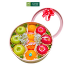 hộp quà trái cây kiwi nhập khẩu, và táo xanh, táo envy đựng trong hộp tròn màu hồng