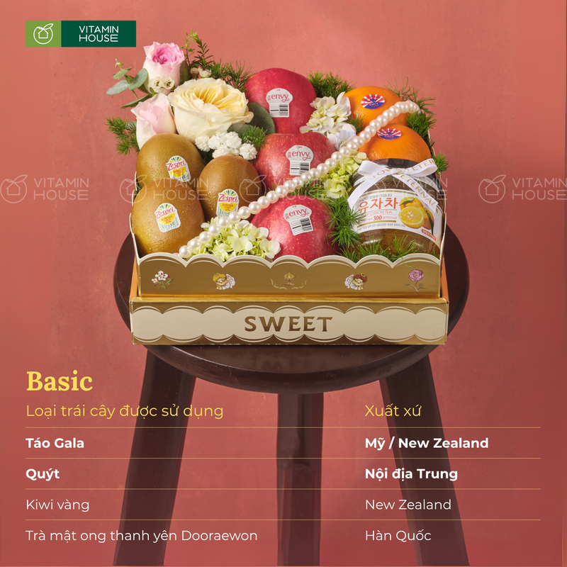 Hộp Quà Trái Cây Táo Đỏ, Kiwi Vàng, Hoa Tươi Tặng Các Dịp