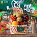 Hộp quà trái cây gỗ cherry, việt quất kiwi vàng và nước ép