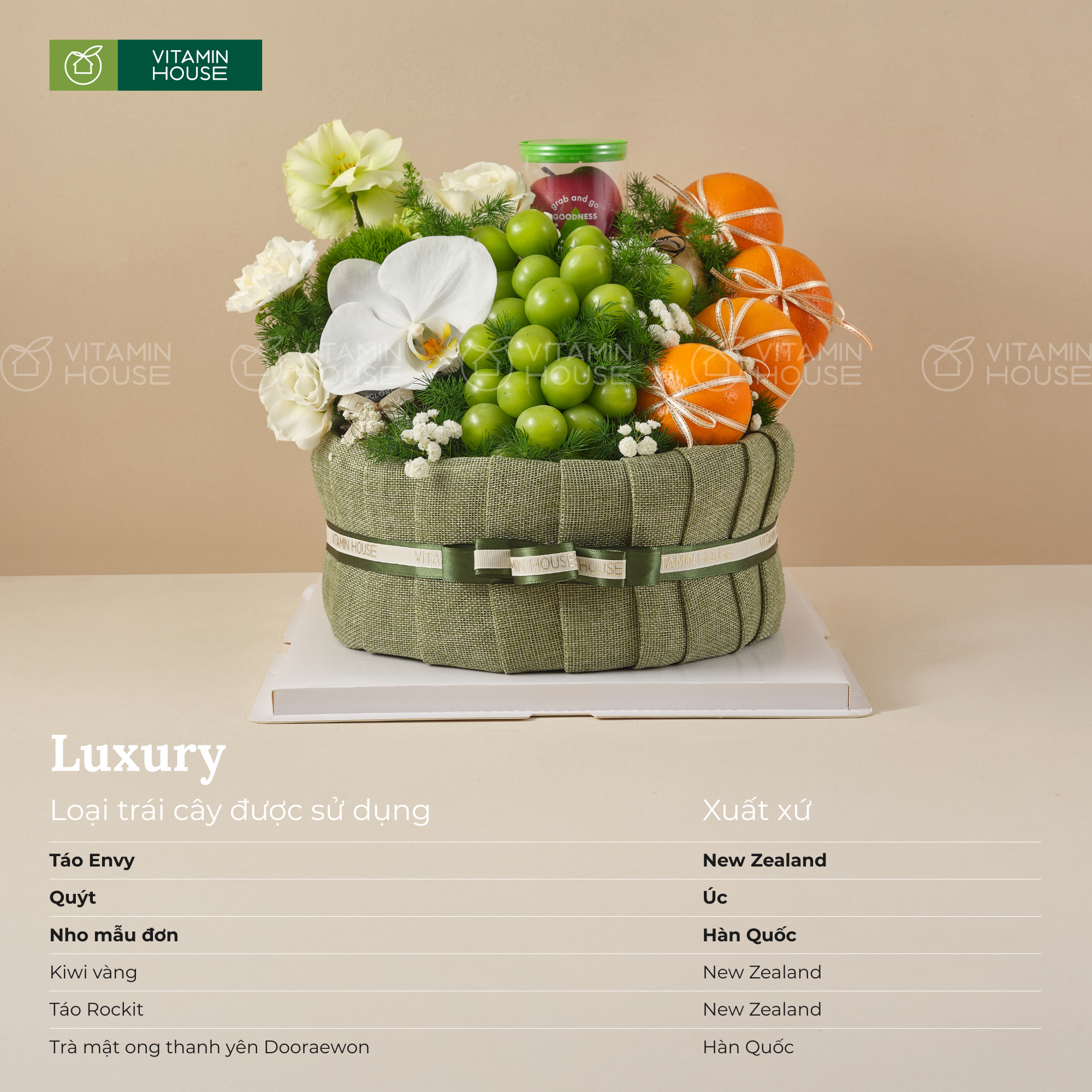 Giỏ Quà Trái Cây Nho Mẫu Đơn Màu Xanh Trung Tính Tặng Chúc Mừng Sinh Nhật