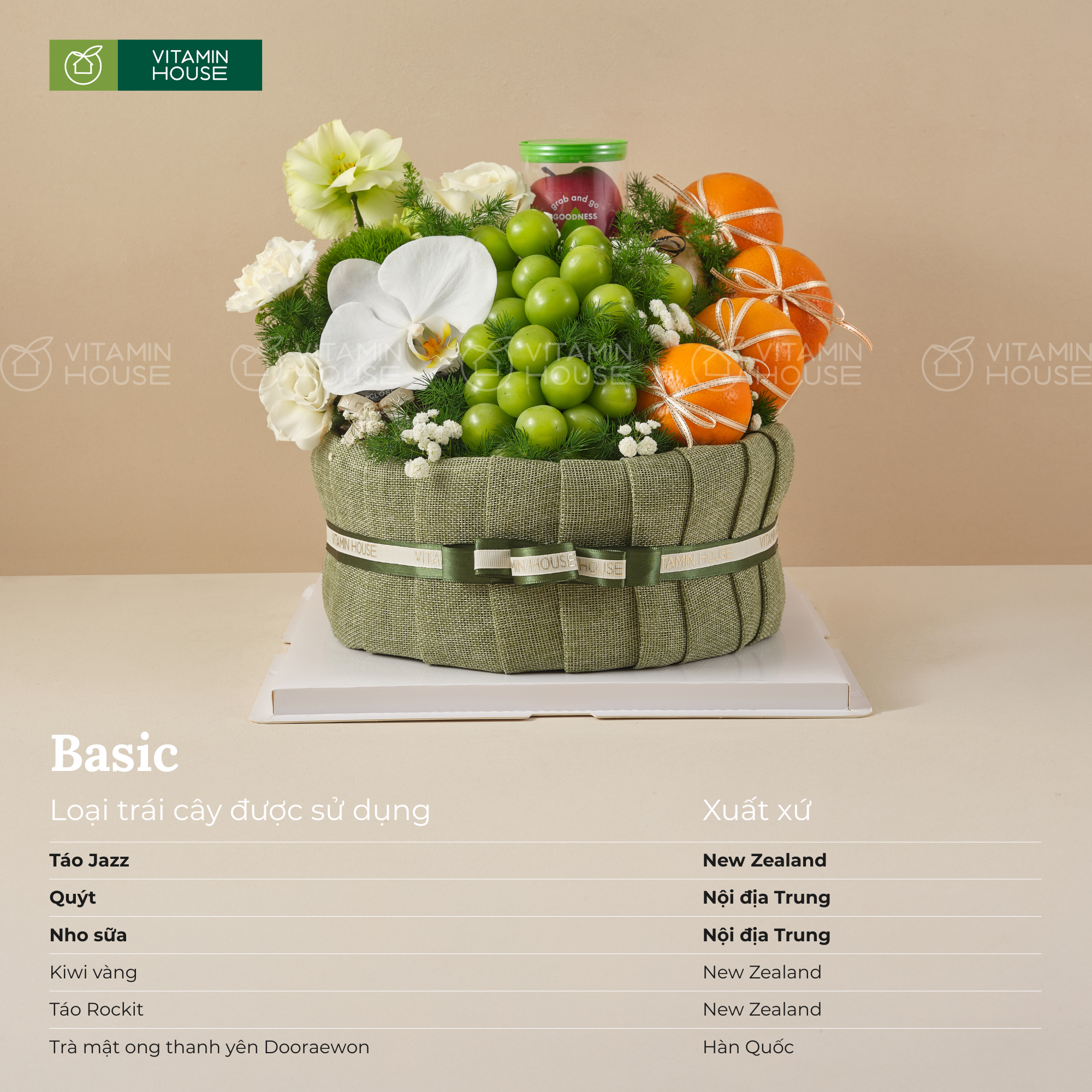 Giỏ Quà Trái Cây Nho Mẫu Đơn Màu Xanh Trung Tính Tặng Chúc Mừng Sinh Nhật