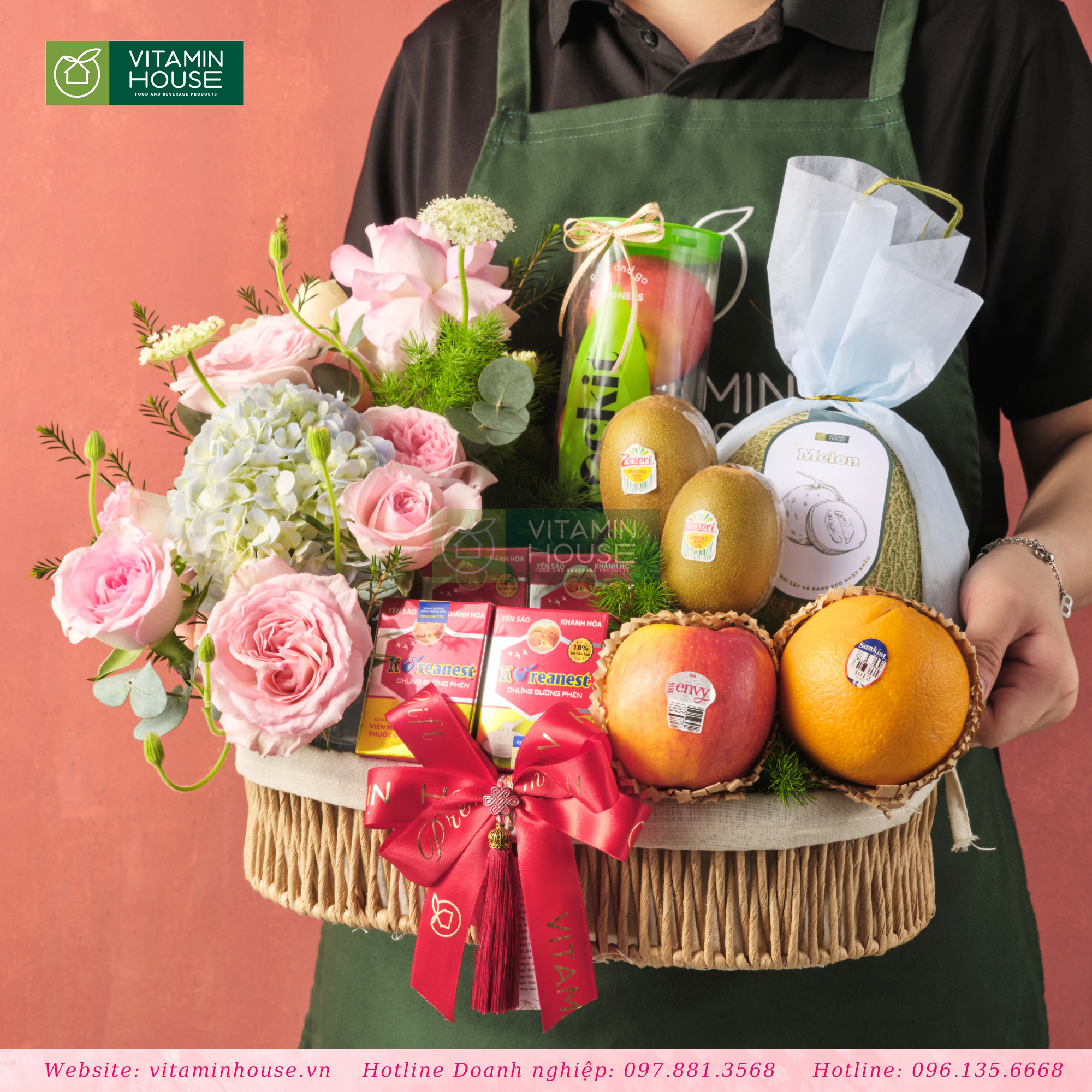 Giỏ Quà Trái Cây Dưa Lưới, Táo Đỏ, Yến Nhân Sâm Thăm Bệnh