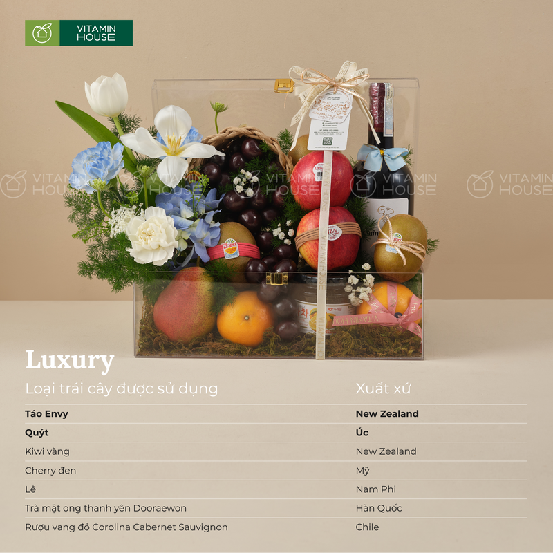Hộp Trái Cây cherry, Táo, Kiwi Vàng, Hoa Tươi và Rượu Vang Chúc Mừng Đối Tác
