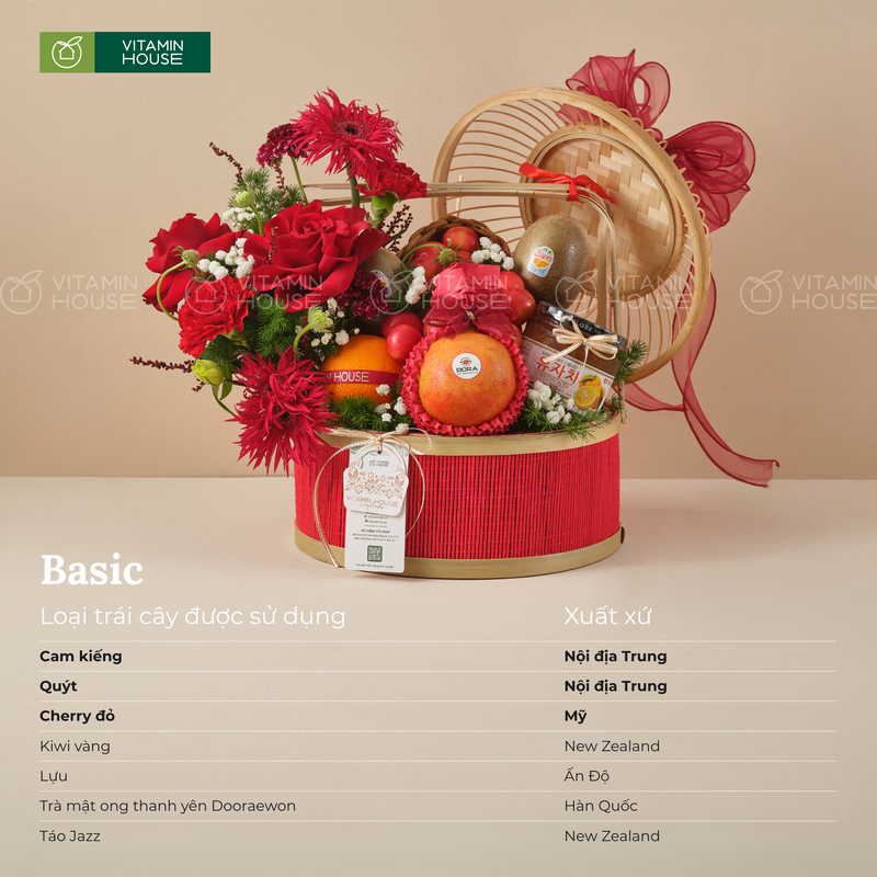 Giỏ Quà Trái Cây Táo, Cam Cùng Lồng Chim Đỏ Sang Trọng
