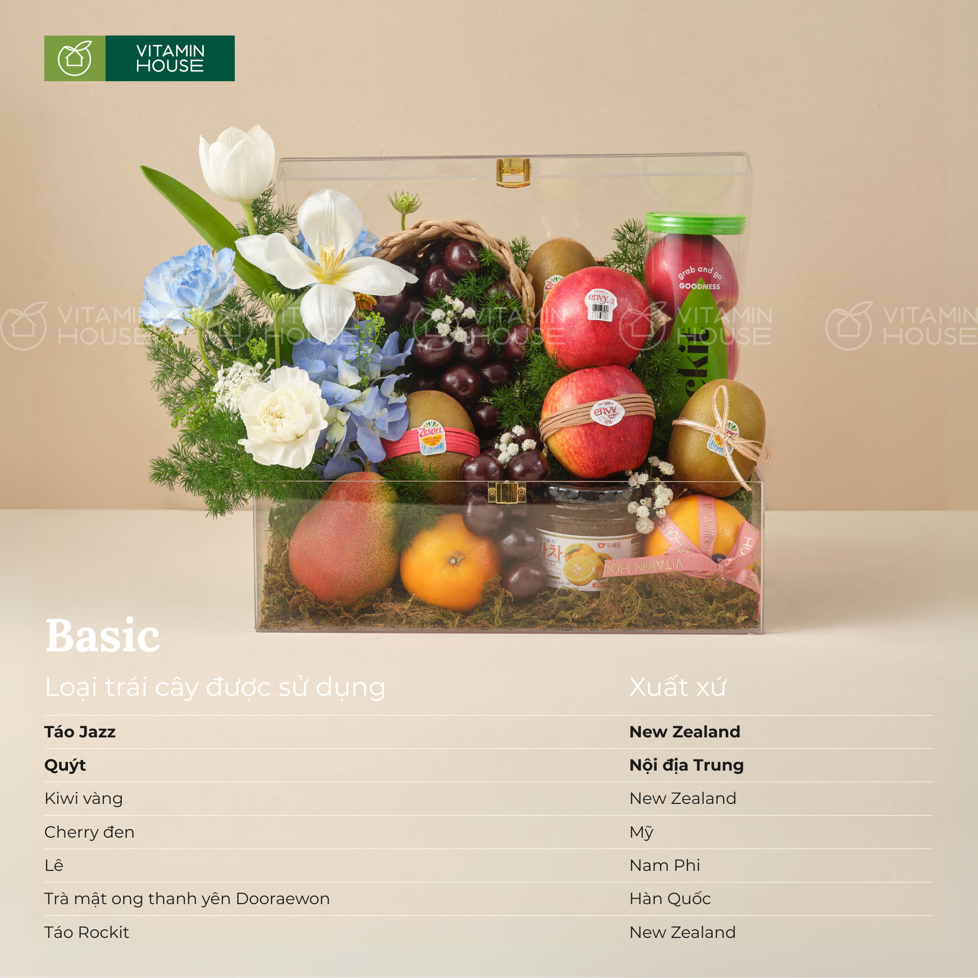 Hộp Trái Cây Cherry Mỹ, Quýt Úc, Táo Rockit và Hoa Tươi Tặng Bác Sĩ