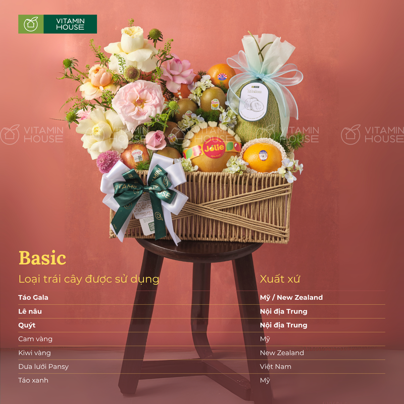 Giỏ Quà Hoa & Trái Cây: Táo Đỏ, Dưa Lưới | Quà Tặng Chúc Mừng Cho Mẹ và Bé