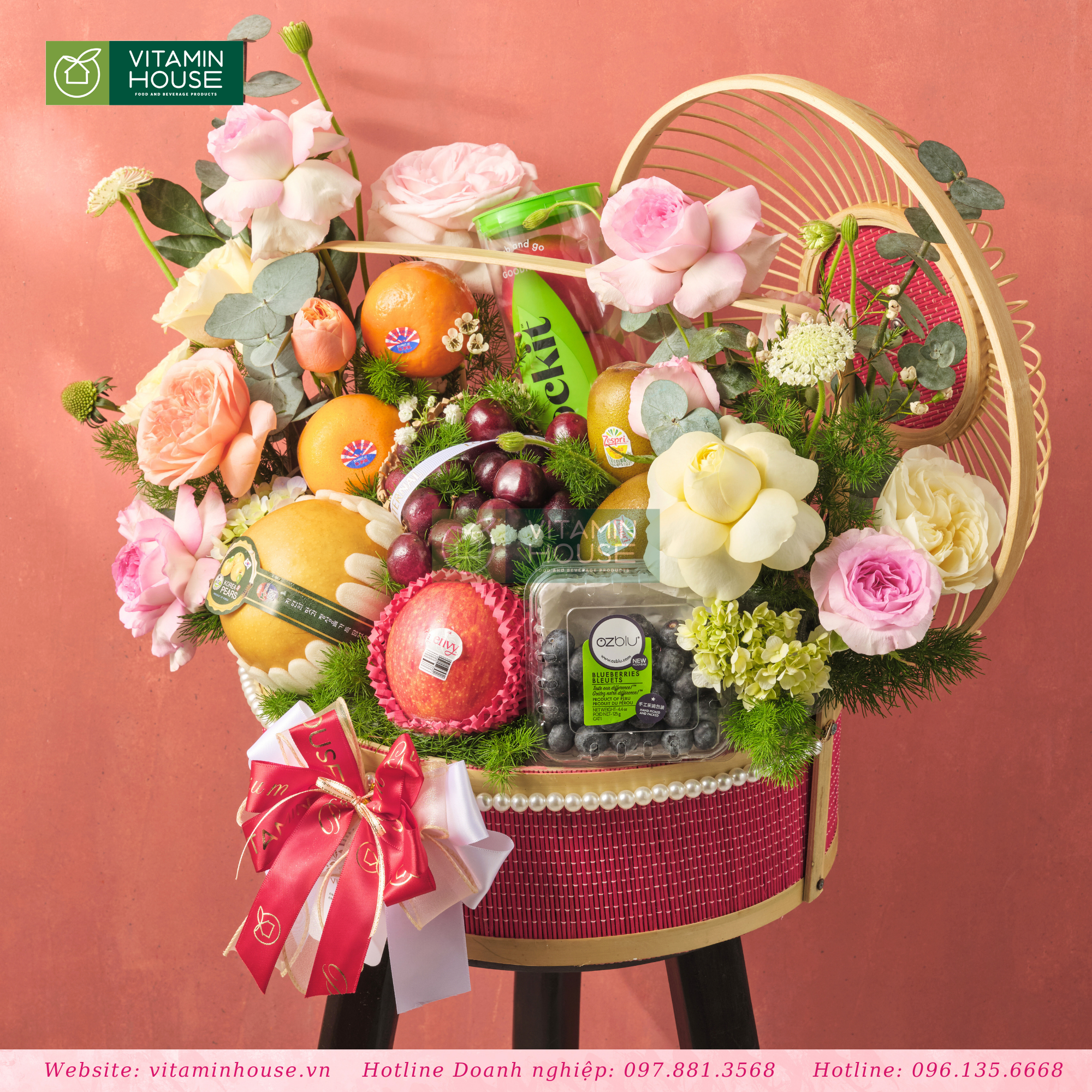 Giỏ Quà Trái Cây Táo Đỏ, Kiwi Vàng, Lê Hàn Tặng Chúc Mừng