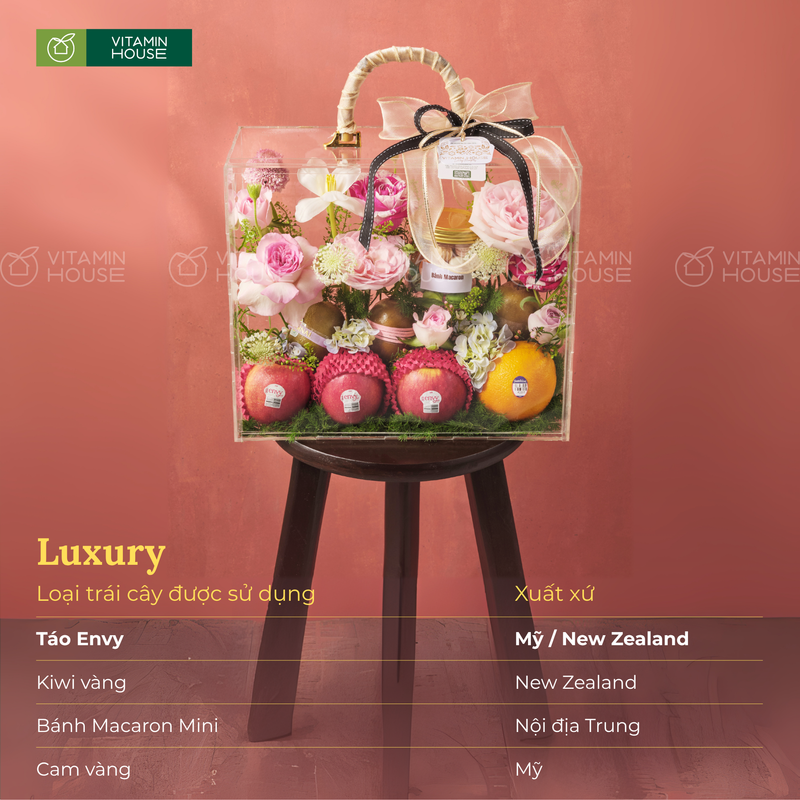 Hộp Vali Quà Trái Cây Cam Vàng, Kiwi, Táo Envy Sang Trọng Tặng Đối Tác