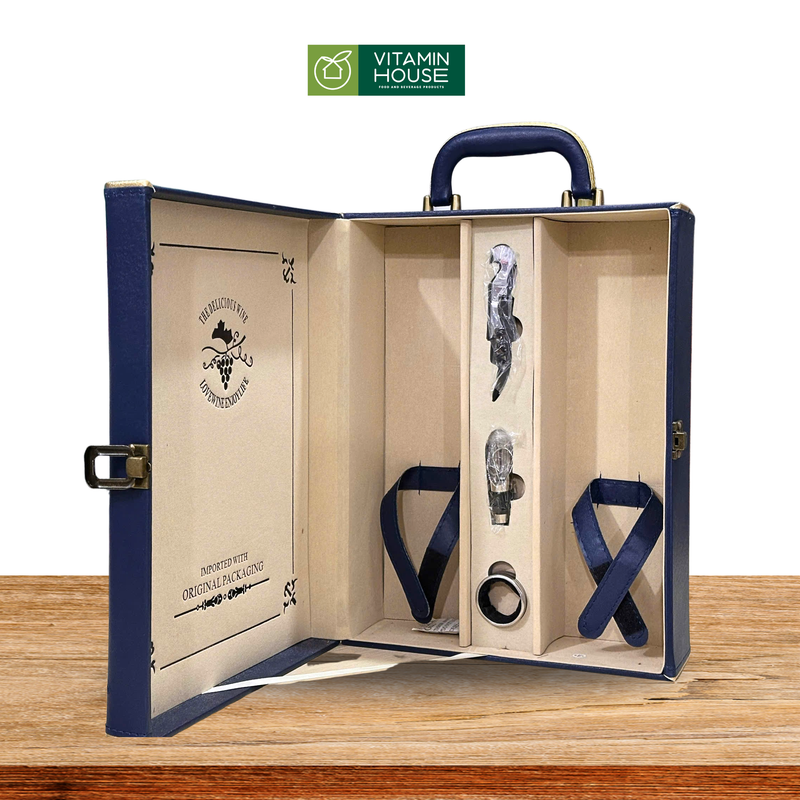 Hộp Rượu Đôi Da Xanh Navy Viền Vàng (279-M13)