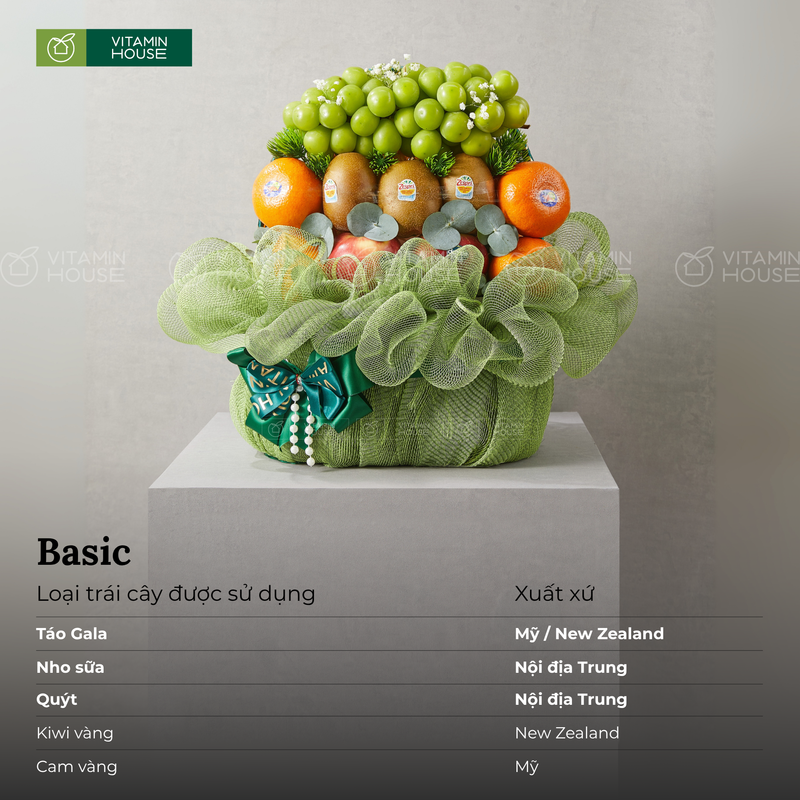 Giỏ Quà Trái Cây Tầng Xanh Tươi: Nho, Kiwi, Táo, Quýt, Nhập Khẩu & Hoa Tươi Đi Thăm Người Bệnh