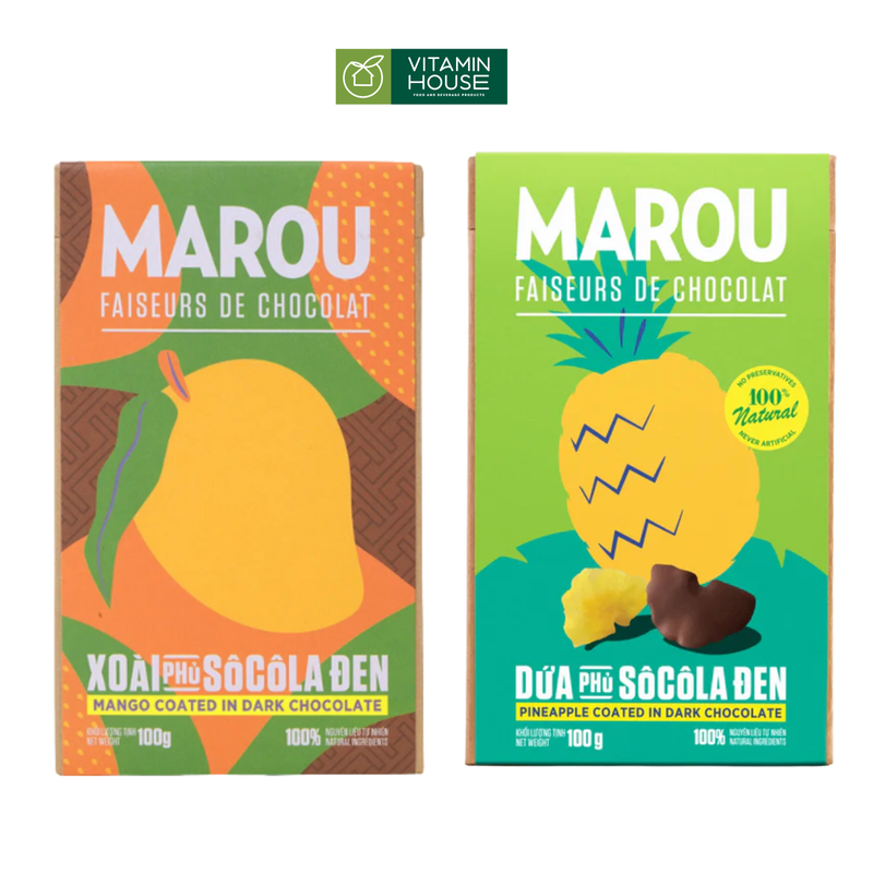 Xoài/Thơm phủ sô-cô-la đen Marou Hộp 100g