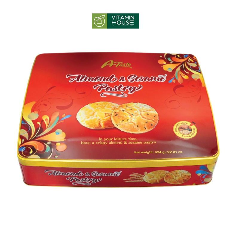 Bánh Quy A-Taste Silang Sesame Almond ĐL Hộp Thiếc 624g (Đỏ/Nâu)