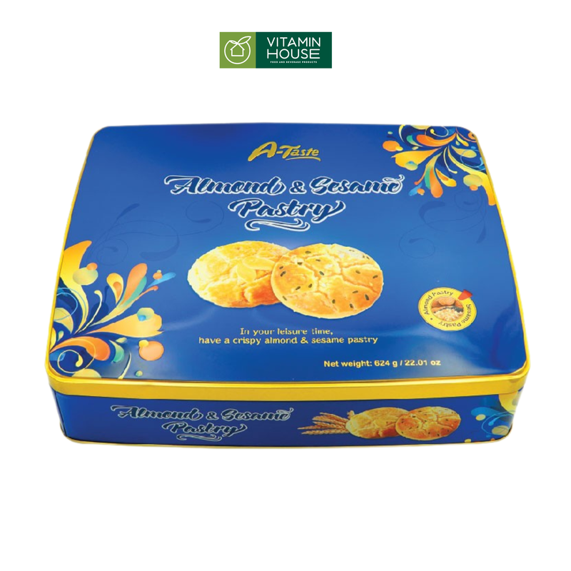 Bánh Quy A-Taste Silang Sesame Almond ĐL Hộp Thiếc 624g (Đỏ/Nâu)