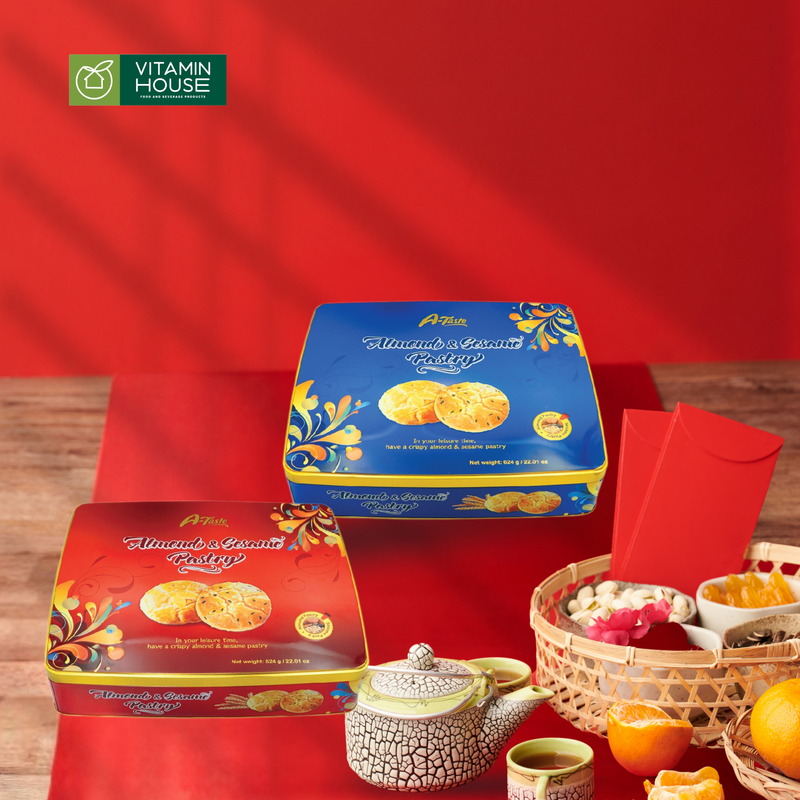 Bánh Quy A-Taste Silang Sesame Almond ĐL Hộp Thiếc 624g (Đỏ/Nâu)