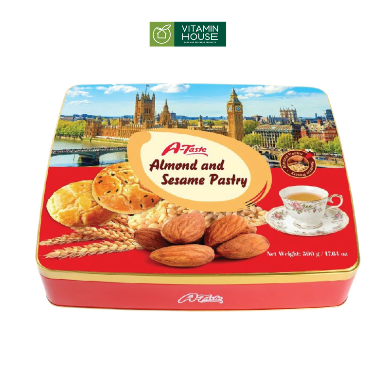 Bánh Quy A-Taste Silang Sesame Almond ĐL Hộp Thiếc 624g (Đỏ/Nâu)