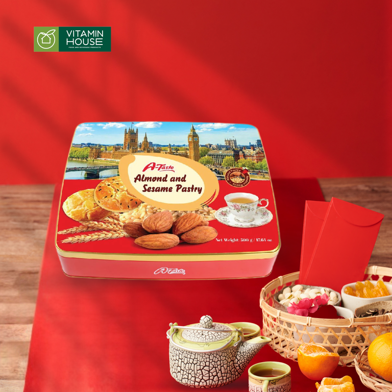 Bánh Quy A-Taste Silang Sesame Almond ĐL Hộp Thiếc 624g (Đỏ/Nâu)
