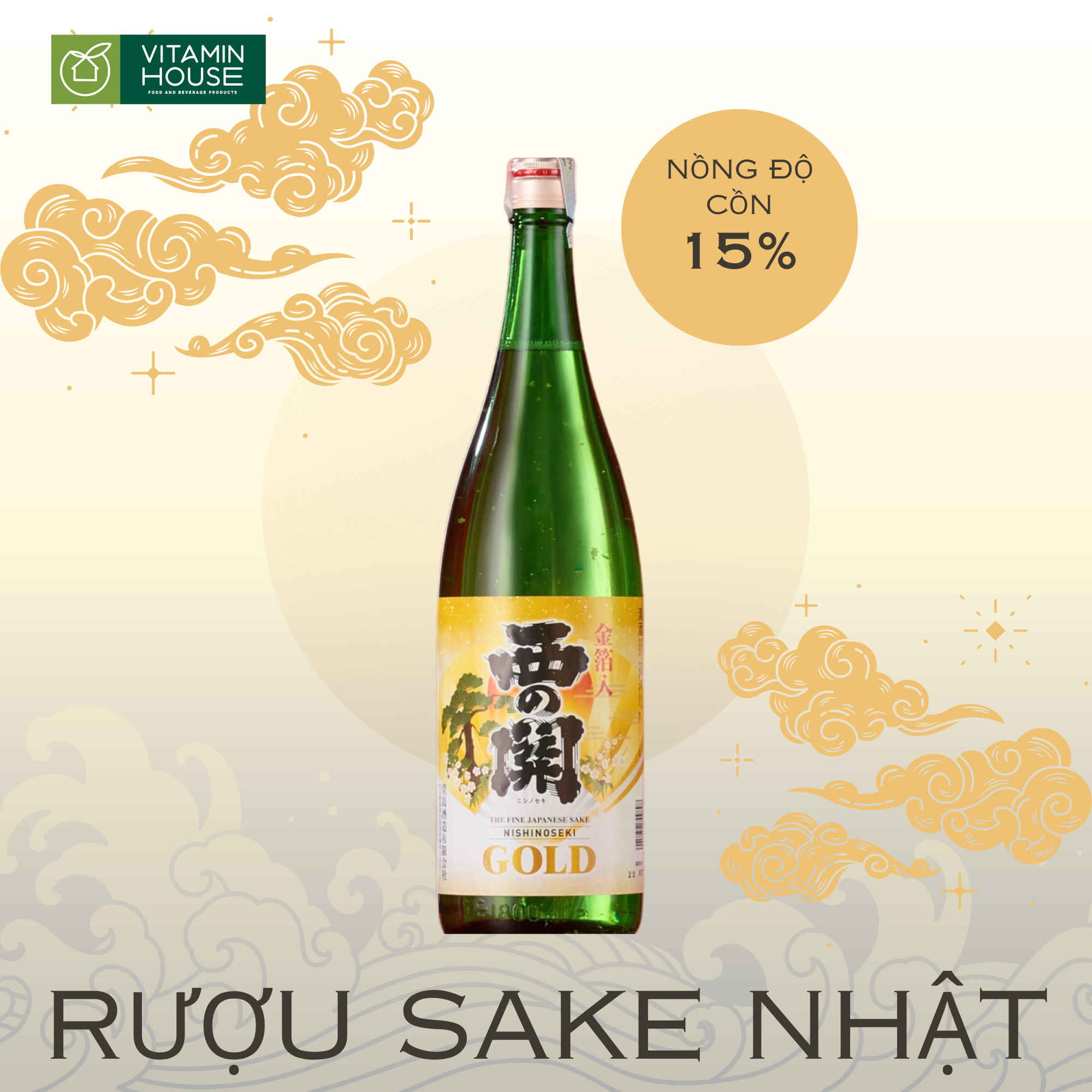 Rượu Sake Nishinoseki Vảy Vàng 15% Sang Trọng
