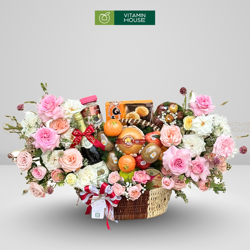 Giỏ Quà Trái Cây, Bánh Kẹo và Hoa Tươi Đẹp Sang Trọng Cảm Ơn Khách Hàng, Đối Tác