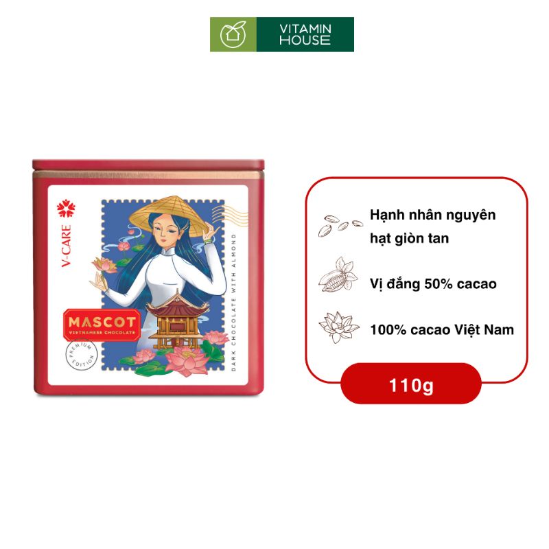 Chocolate Đắng Hạnh Nhân Nguyên Hạt Mascot Hộp Thiếc 110g Đặc Sản Việt Nam