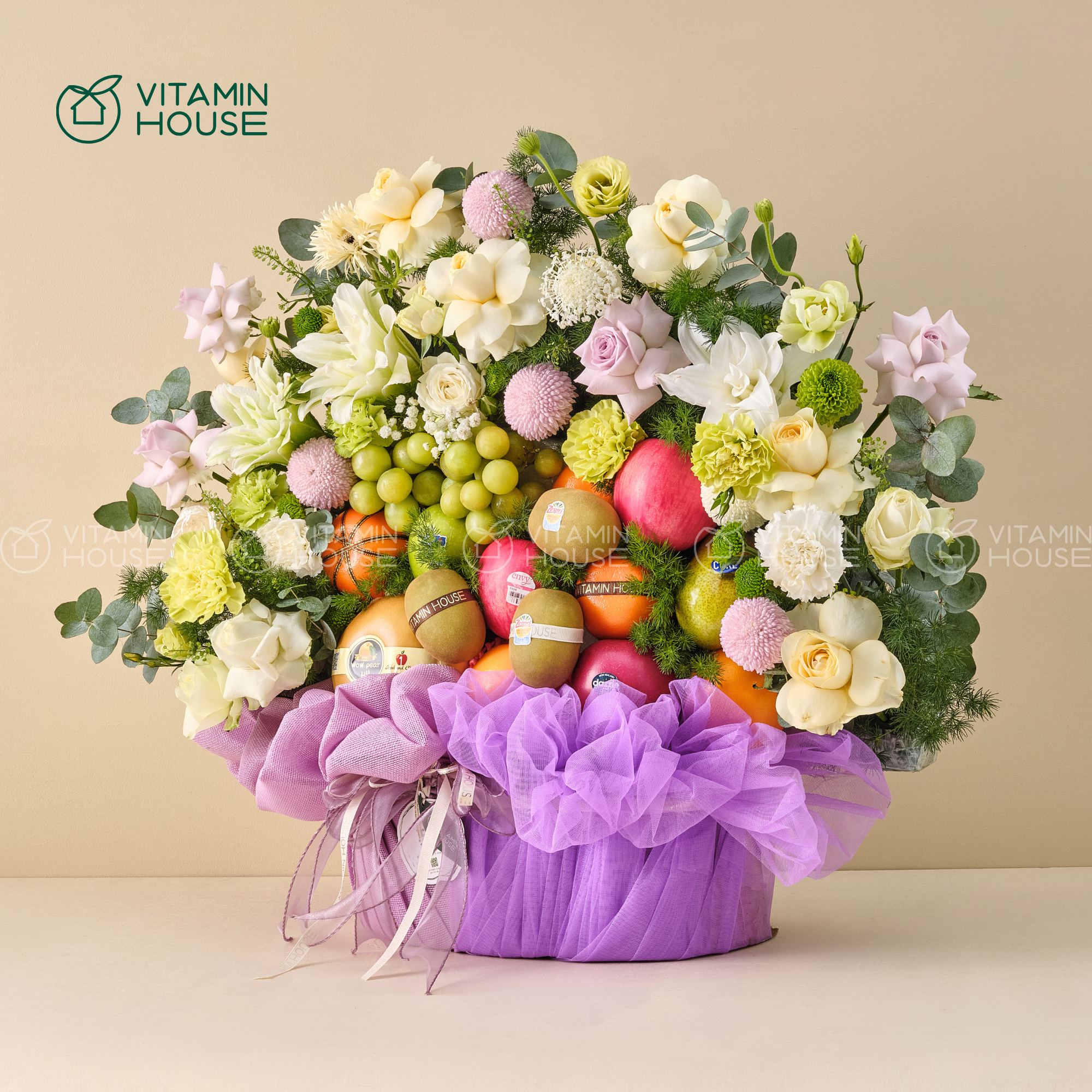 Giỏ Trái Cây Kiwi, Táo, Lê Tone Tím Phù Hợp Cho Các Dịp Đặc Biệt