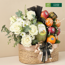 giỏ lục bình kết hợp hoa tươi, trái cây dưa lưới, táo, quýt, kiwi nhập khẩu nơ đen 1