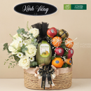 giỏ lục bình kết hợp hoa tươi, trái cây dưa lưới, táo, quýt, kiwi nhập khẩu nơ đen banner kính viếng