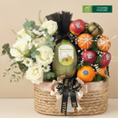 giỏ lục bình kết hợp hoa tươi, trái cây dưa lưới, táo, quýt, kiwi nhập khẩu nơ đen
