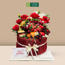 Giỏ Quà Trái Cây Cherry, Kiwi, Nho Tone Đỏ Rực Rỡ & Hoa Hồng Quý Phái