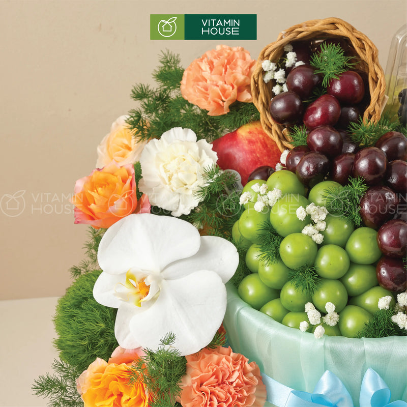 Giỏ quà trái cây cherry nho xanh hoa tươi tặng sinh nhật cho đồng nghiệp nữ 
