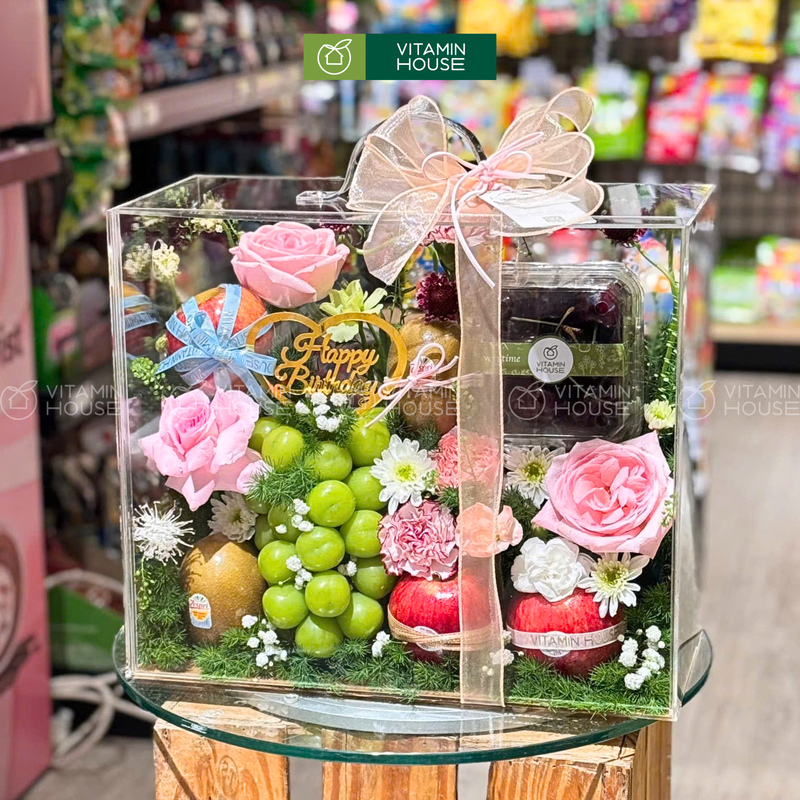 Giỏ Quà Trái Cây trang trí hoa tươi đựng trong Hộp Vali. Quà Tặng Ý Nghĩa Ngày Sinh Nhật Người Thân, Bạn Bè