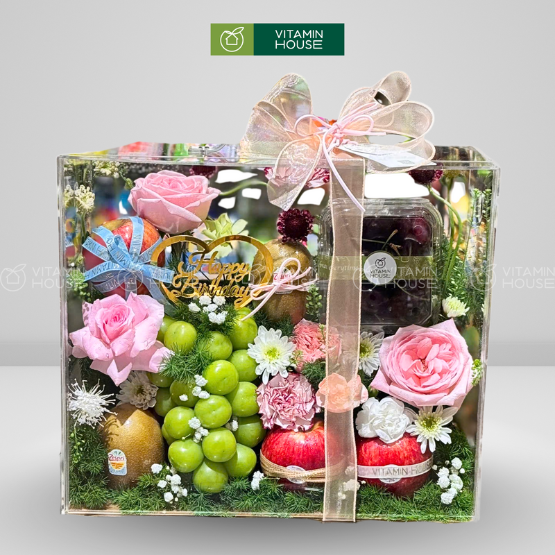 Giỏ Quà Trái Cây trang trí hoa tươi đựng trong Hộp Vali. Quà Tặng Ý Nghĩa Ngày Sinh Nhật Người Thân, Bạn Bè