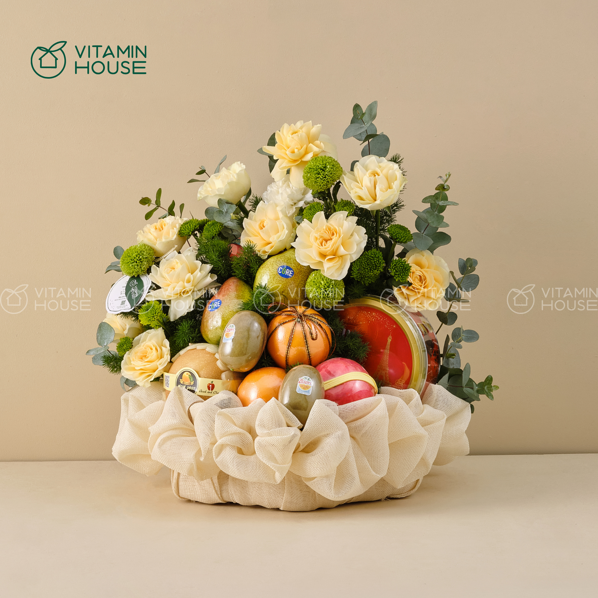 Giỏ Quà Trái Cây Kiwi, Lê, Quýt, Táo Cúng Giỗ Gia Tiên Trang Nghiêm