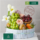 Giỏ quà trái cây kiểu bánh sinh nhật nho xanh, cherry, kiwi, quýt úc và hoa tươi