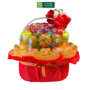 giỏ trái cây đi đám giỗ tone đỏ có nho đen, kiwi vàng, táo xanh, quýt úc và táo envy