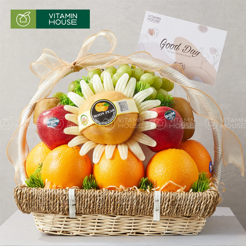 Giỏ trái cây nhập khẩu lê hàn, cam vàng mỹ, nho xanh