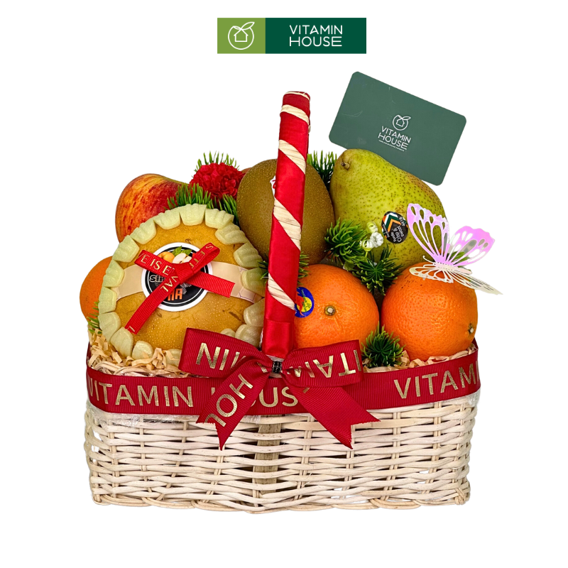 giỏ trái cây trắng và lê hàn, kiwi vàng, quýt úc, táo envy tặng chúc sức khỏe bác sĩ