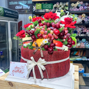 Giỏ Quà Trái Cây Cherry, Kiwi, Nho Tone Đỏ Rực Rỡ & Hoa Hồng Quý Phái