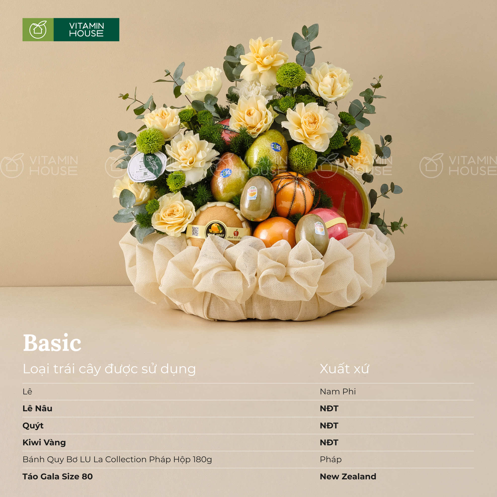 Giỏ Quà Trái Cây Kiwi, Lê, Quýt, Táo Cúng Giỗ Gia Tiên Trang Nghiêm