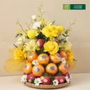 mâm trái cây nhập khẩu dâng lễ quýt, táo và hoa tươi