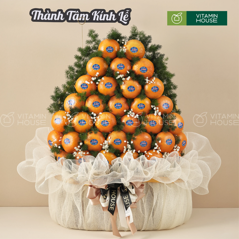giỏ trái cây dâng lễ tone màu cam với trái cây quýt