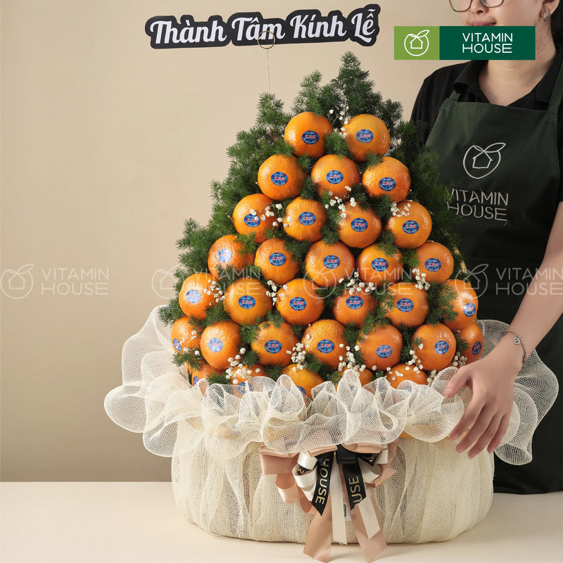 giỏ trái cây dâng lễ tone màu cam với trái cây quýt