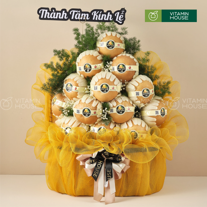 Giỏ trái cây dâng lễ trái cây lê nâu tone màu vàng