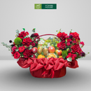 Giỏ Trái Cây sang trọng, trang trí Hoa Hồng Đỏ. Vẻ đẹp Rực Rỡ cầu chúc Phát Tài Phát Lộc