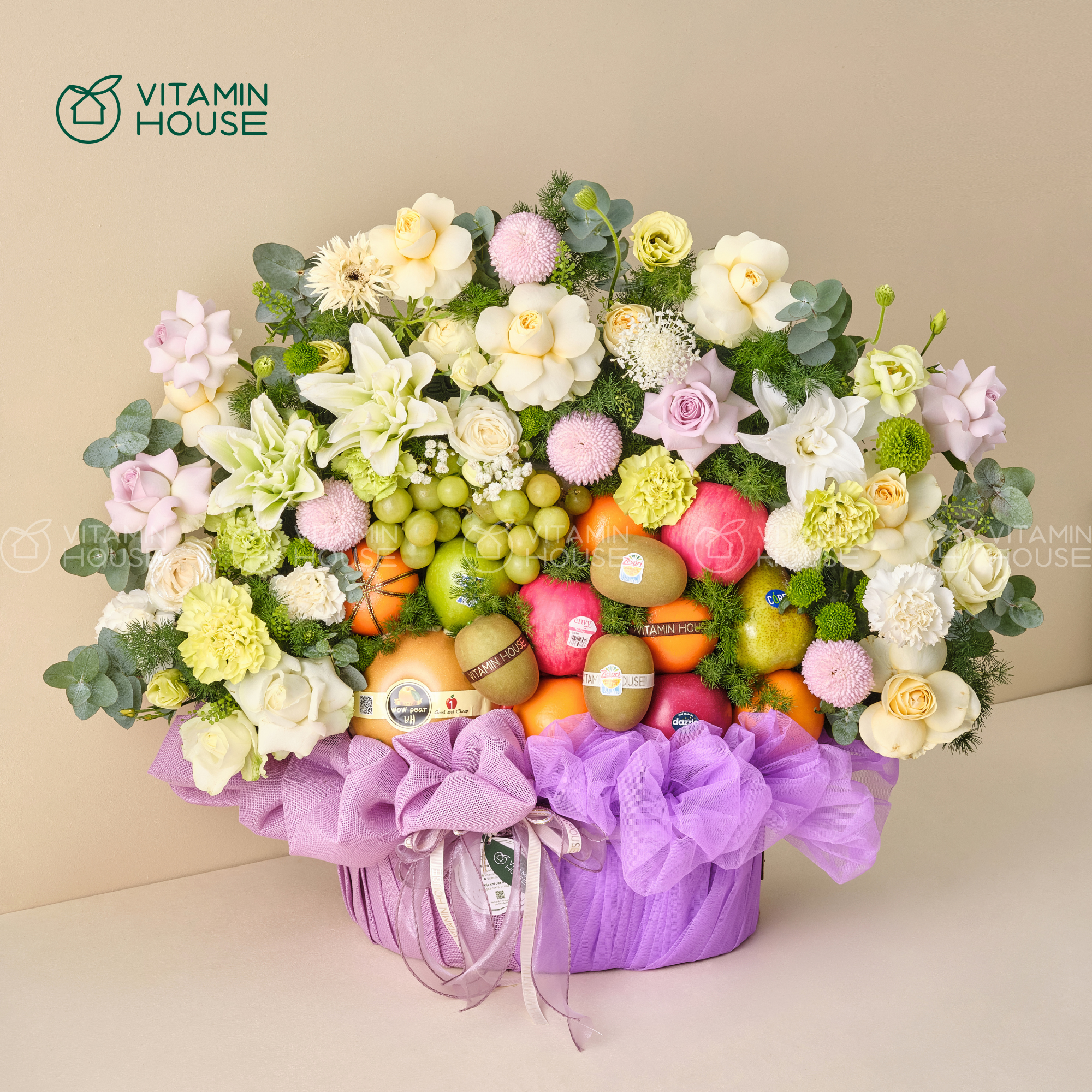 Giỏ Trái Cây Kiwi, Táo, Lê Tone Tím Phù Hợp Cho Các Dịp Đặc Biệt