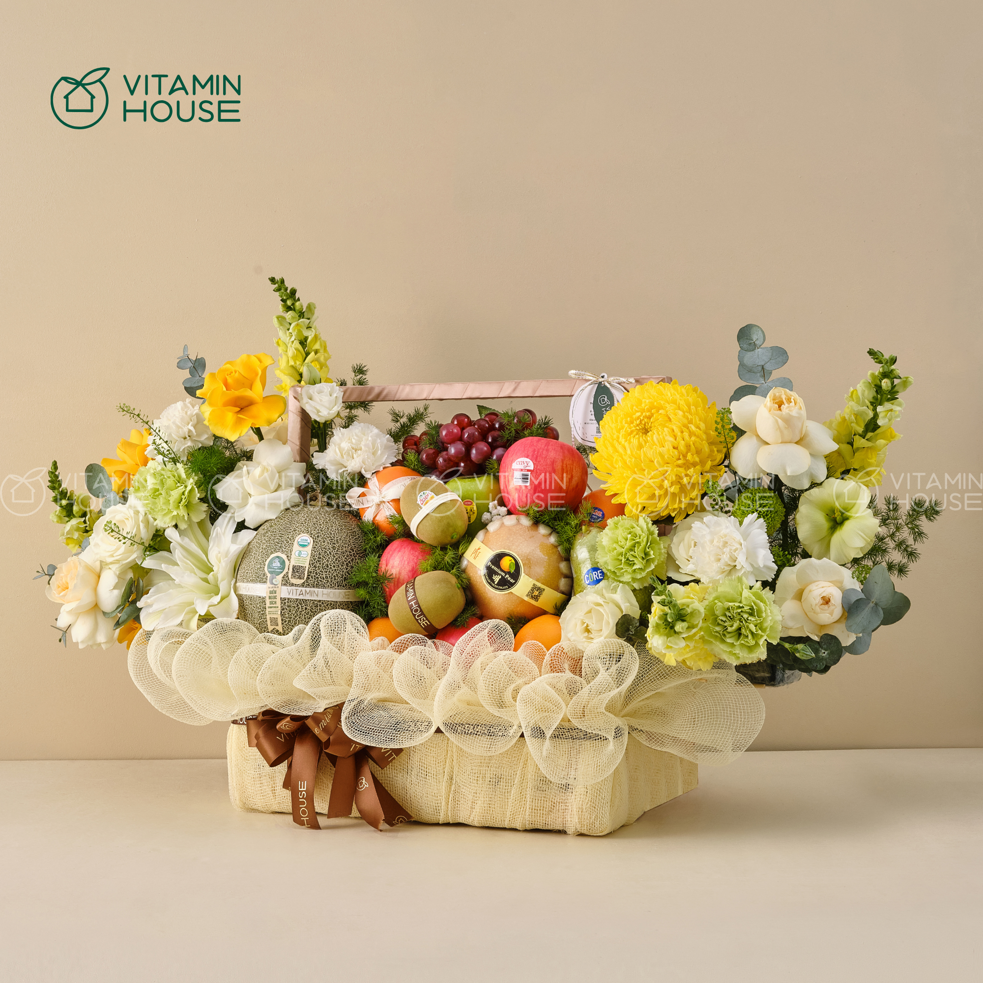 Giỏ Quà Trái Cây Dưa Lưới, Táo, Cam, Quýt Cúng Giỗ Trang Trọng