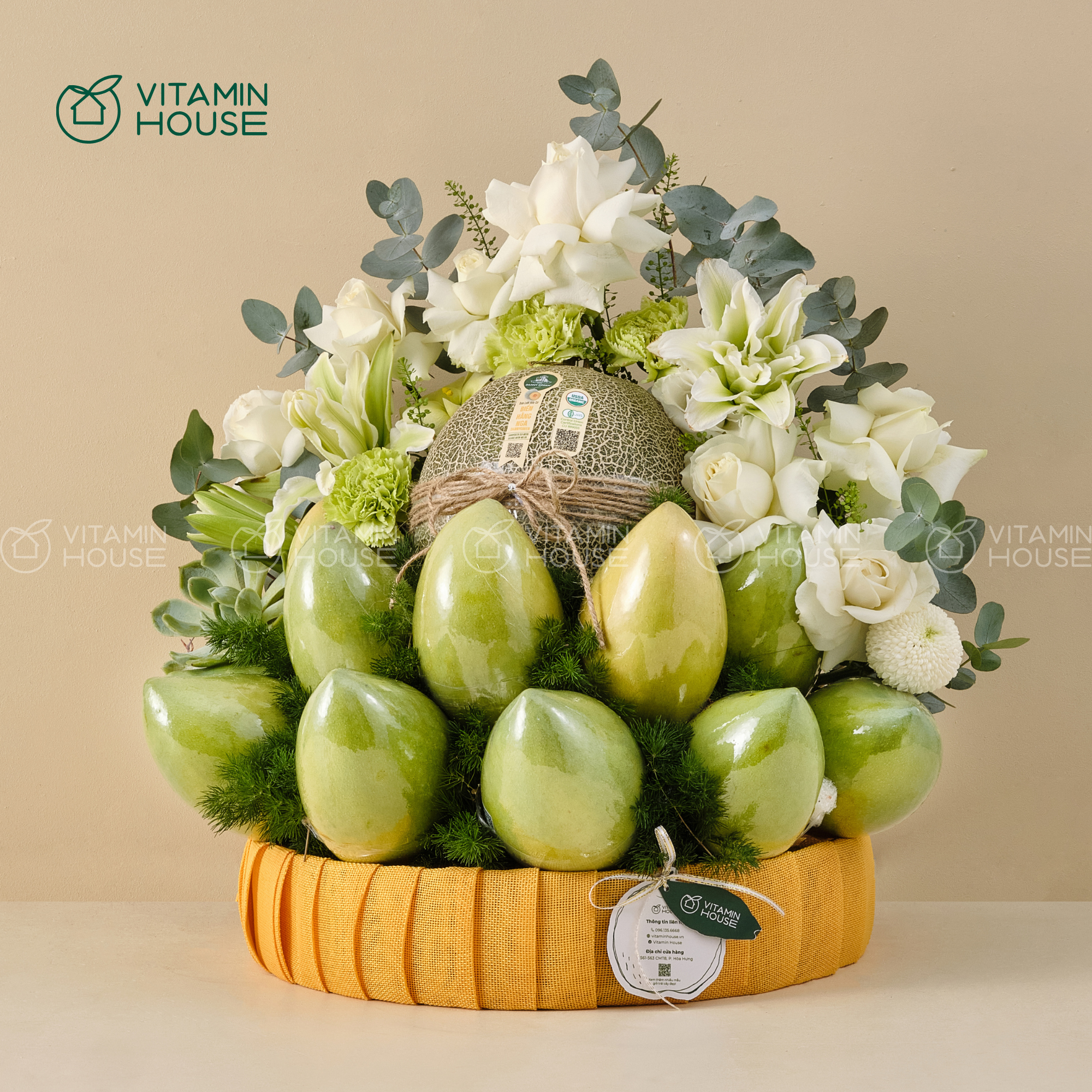 Giỏ Trái Cây Xoài, Dưa Lưới Kết Hợp Sen Đá Kính Lễ