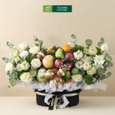giỏ trái cây kính viếng đen trắng, hoa tươi và trái cây nhập khẩu 