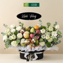 giỏ trái cây kính viếng đen trắng, hoa tươi và trái cây nhập khẩu 