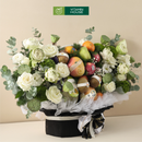 giỏ trái cây kính viếng đen trắng, hoa tươi và trái cây nhập khẩu 